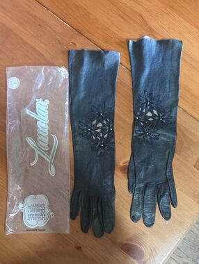 Vintage Mid Century Lanolav Kidskin Black Leather Long Gloves In Original Bag